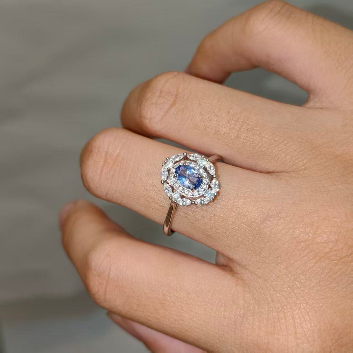Natural Unheated Tanzanite Double Halo Ring | 925 Silver | Adjustable