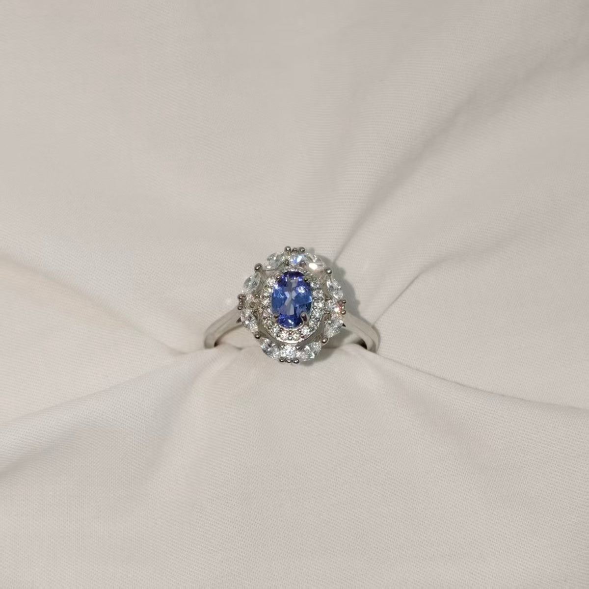 Natural Unheated Tanzanite Double Halo Ring | 925 Silver | Adjustable
