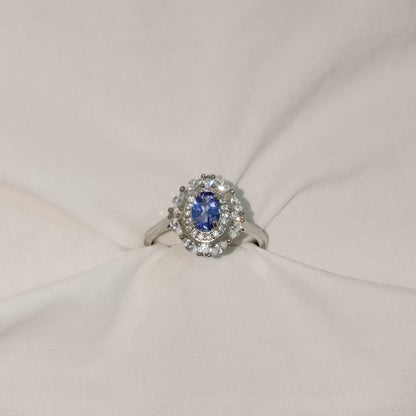 Natural Unheated Tanzanite Double Halo Ring | 925 Silver | Adjustable