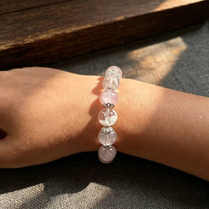 Handmade Natural Pink Snowflake Phantom Quartz & Rose Quartz Bracelet | 10.4-10.8mm Crystal Jewelry