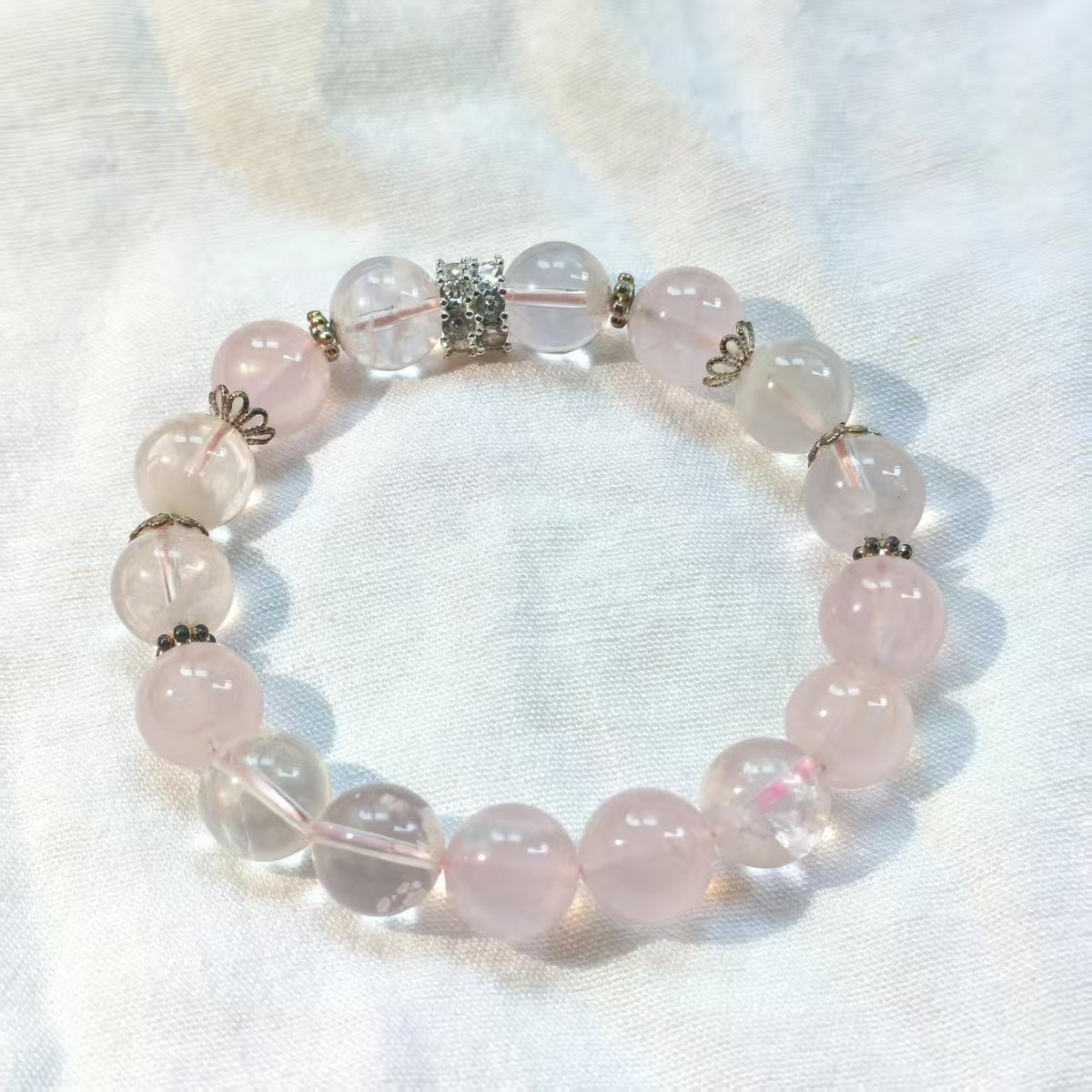 Handmade Natural Pink Snowflake Phantom Quartz & Rose Quartz Bracelet | 10.4-10.8mm Crystal Jewelry