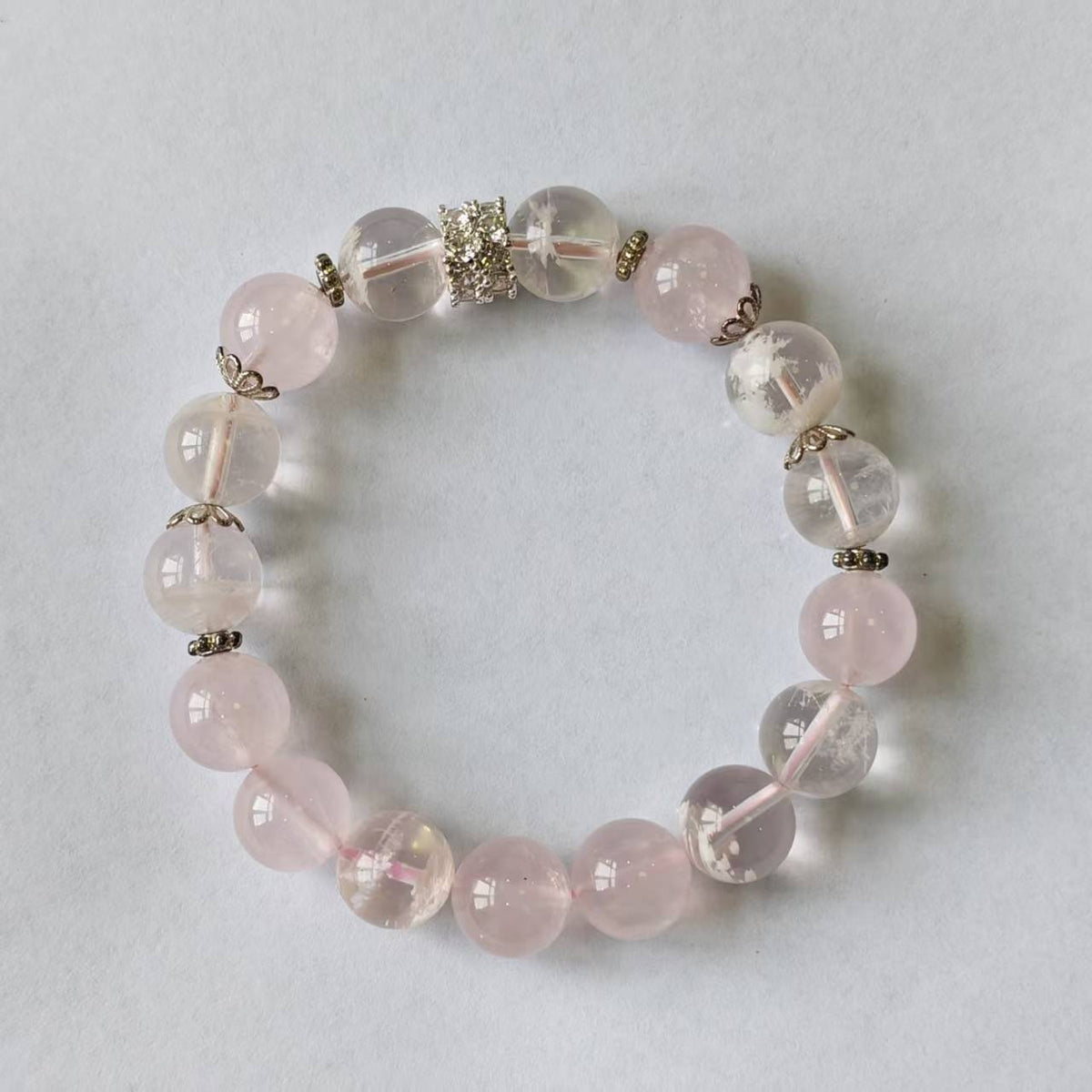 Handmade Natural Pink Snowflake Phantom Quartz & Rose Quartz Bracelet | 10.4-10.8mm Crystal Jewelry
