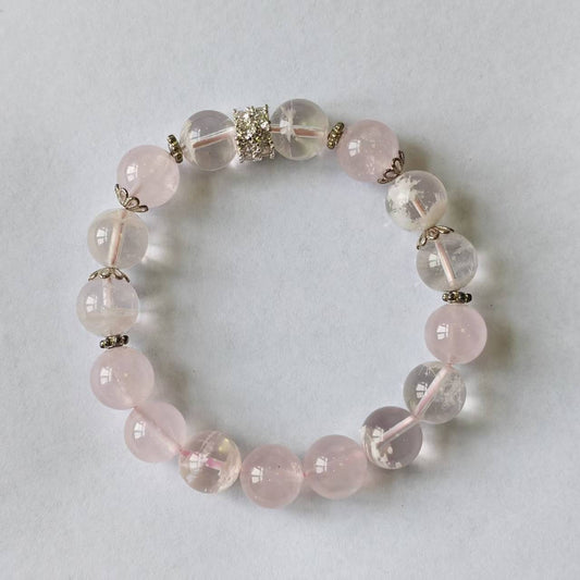 Handmade Natural Pink Snowflake Phantom Quartz & Rose Quartz Bracelet | 10.4-10.8mm Crystal Jewelry
