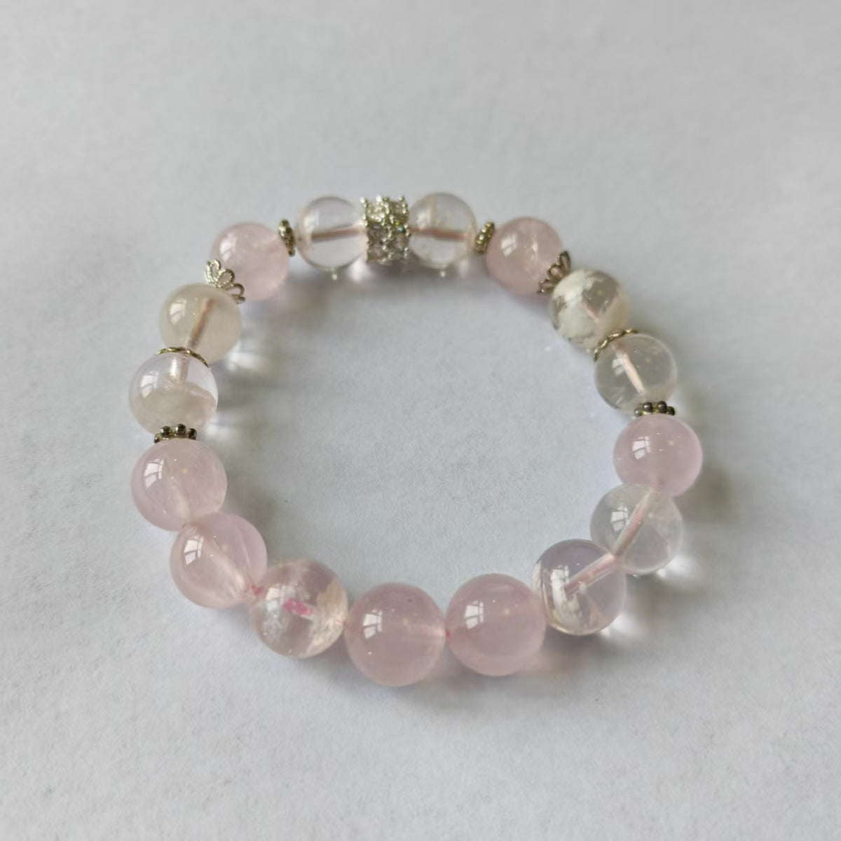 Handmade Natural Pink Snowflake Phantom Quartz & Rose Quartz Bracelet | 10.4-10.8mm Crystal Jewelry