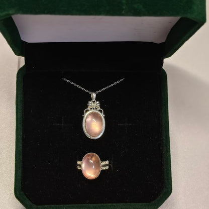 Natural Star Rose Quartz Jewelry Set | 925 Silver Ring & Pendant