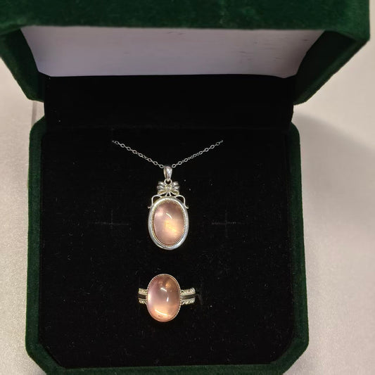 Natural Star Rose Quartz Jewelry Set | 925 Silver Ring & Pendant