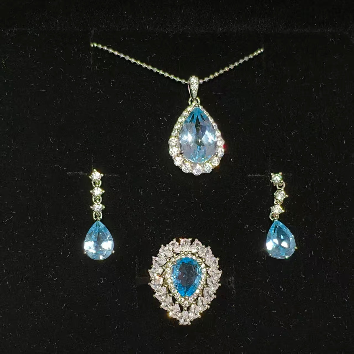 Natural Blue Topaz Ring, Necklace & Earrings Set | 925 Sterling Silver & Zirconia