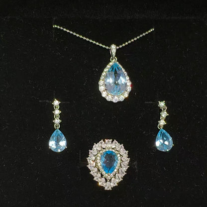 Natural Blue Topaz Ring, Necklace & Earrings Set | 925 Sterling Silver & Zirconia