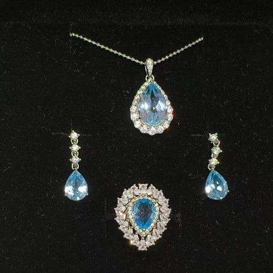 Natural Blue Topaz Ring, Necklace & Earrings Set | 925 Sterling Silver & Zirconia