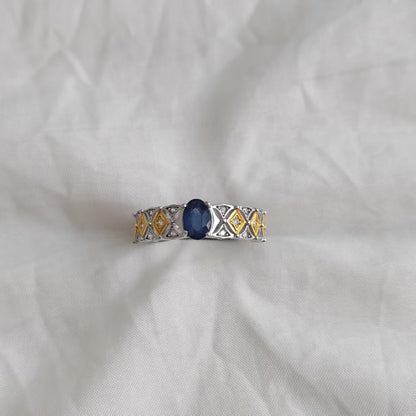 Natural Blue Sapphire Ring | 925 Silver Gold-Plated | Geometric Vintage