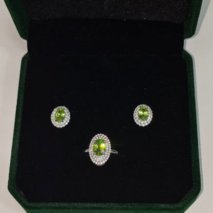 Natural Peridot Ring & Earrings Set | 925 Sterling Silver & Zirconia