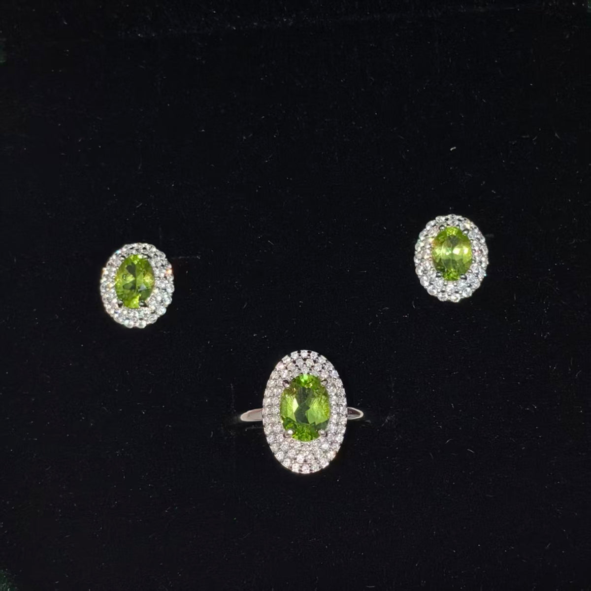 Natural Peridot Ring & Earrings Set | 925 Sterling Silver & Zirconia