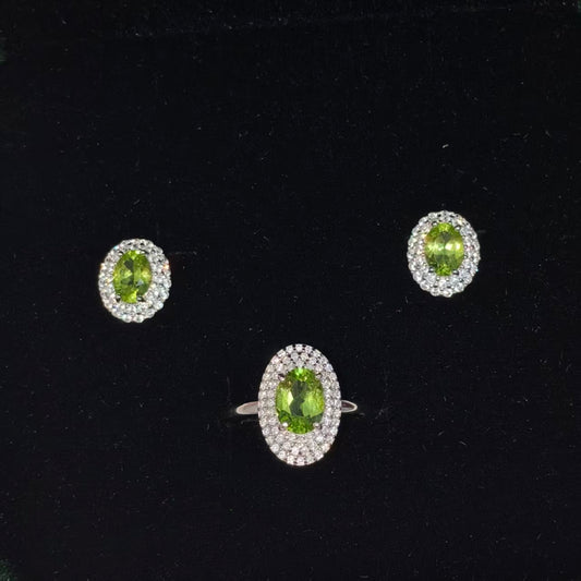 Natural Peridot Ring & Earrings Set | 925 Sterling Silver & Zirconia